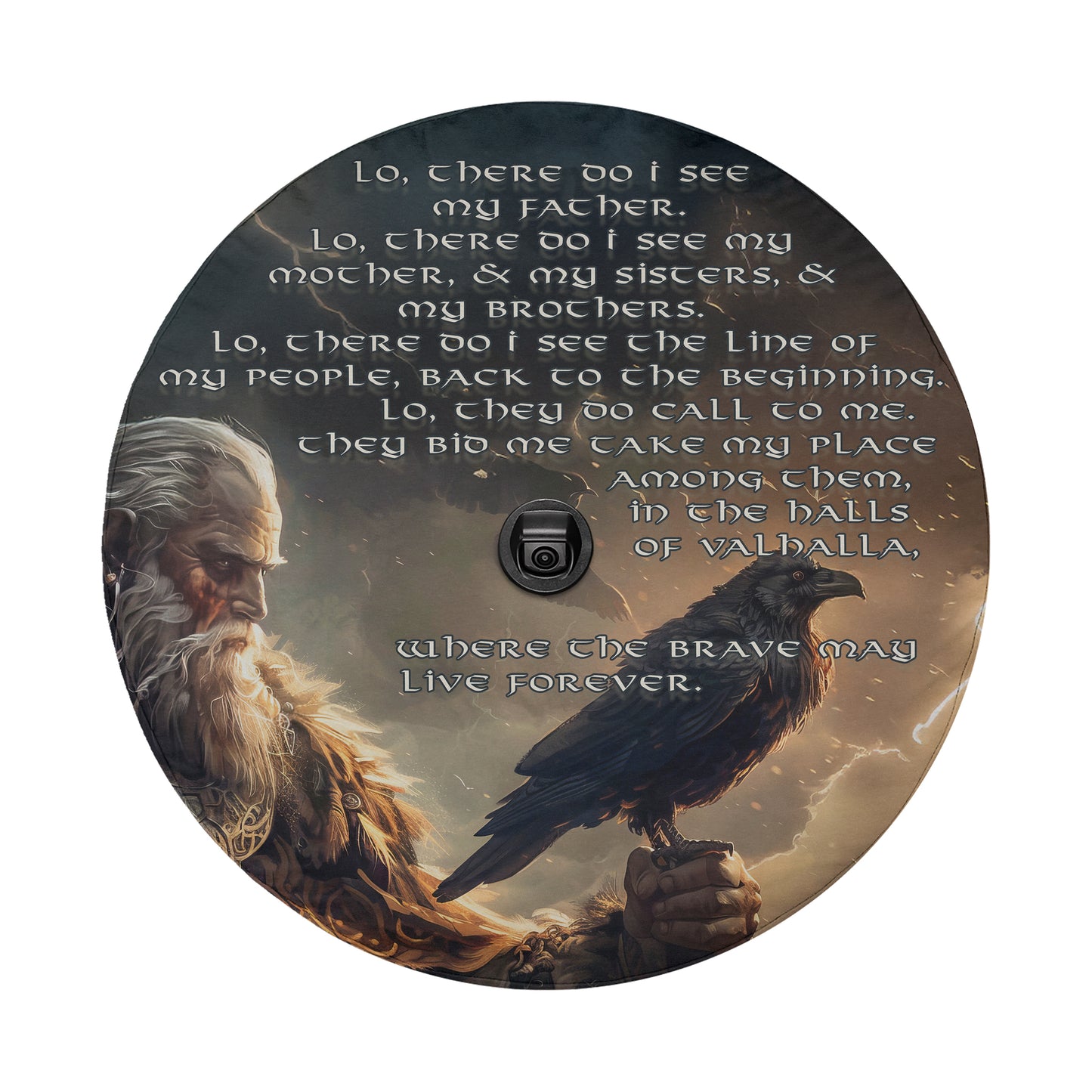 a bearded man holding a bird of prey, such as a hawk or eagle, with a text overlay that reads "Lo, there do I see my father, Lo, there do I see my mother, & my sisters, & my brothers. Lo, there do I see the Line of my people, back to the beginning. Lo, they do call me, & I take my place among them, among them in the halls of VALLA, where the brave may live forever."