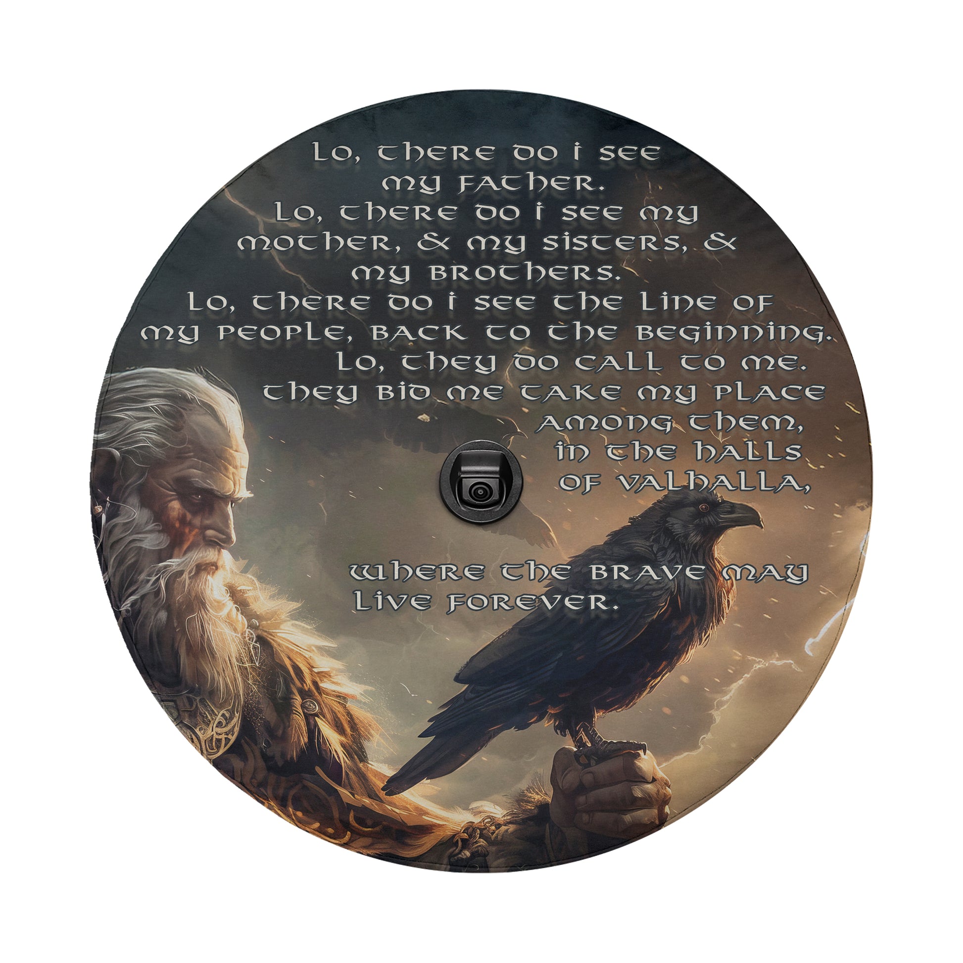 a bearded man holding a bird of prey, such as a hawk or eagle, with a text overlay that reads "Lo, there do I see my father, Lo, there do I see my mother, & my sisters, & my brothers. Lo, there do I see the Line of my people, back to the beginning. Lo, they do call me, & I take my place among them, among them in the halls of VALLA, where the brave may live forever."