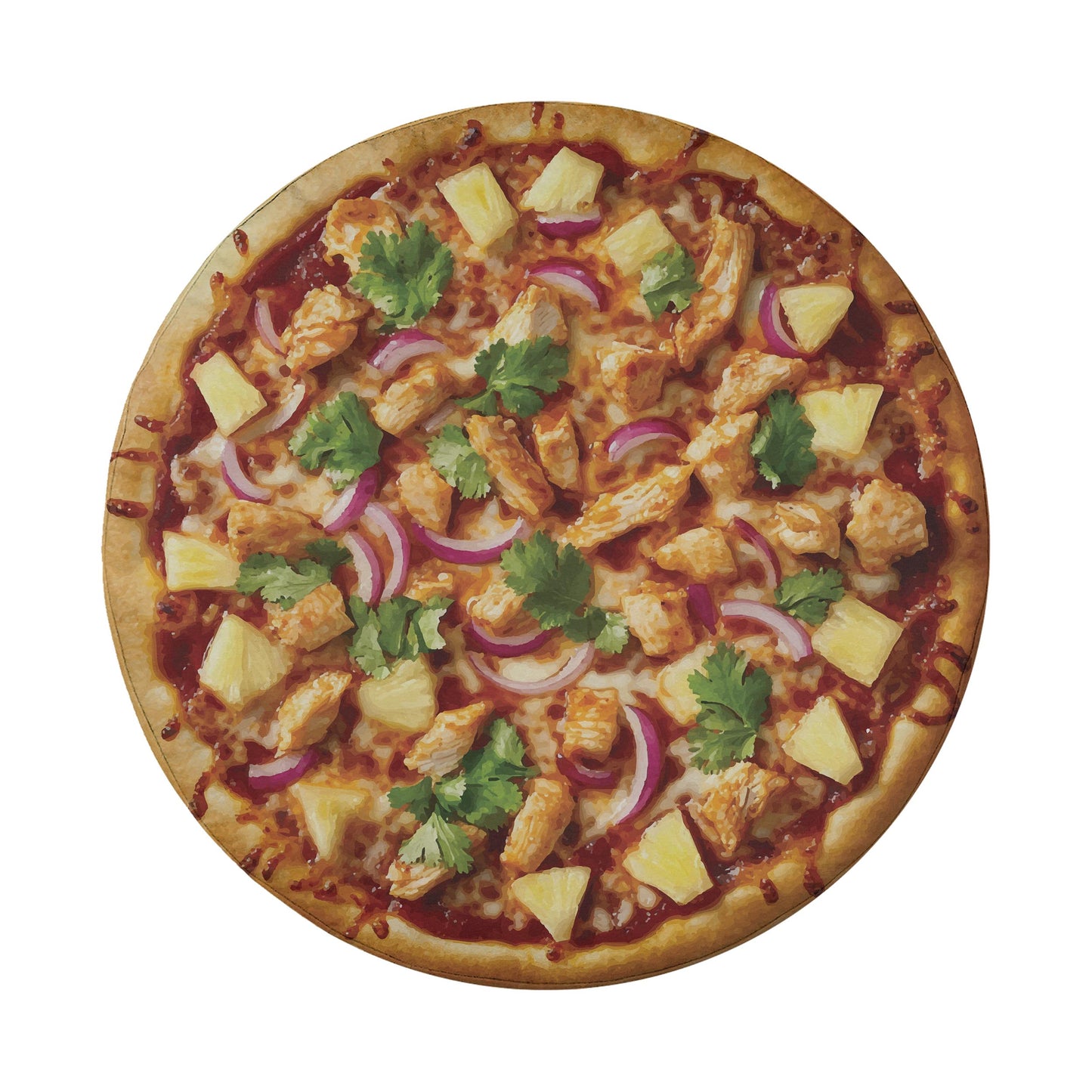 A pizza topped with pineapple, onions, and chicken, presented on a white background.