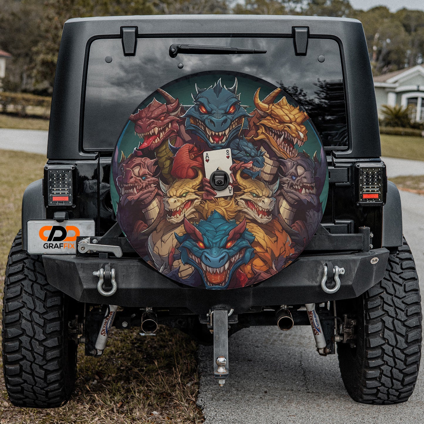 Dragons' Ace of Mischief Spare Tire Cover With Backup Camera Hole