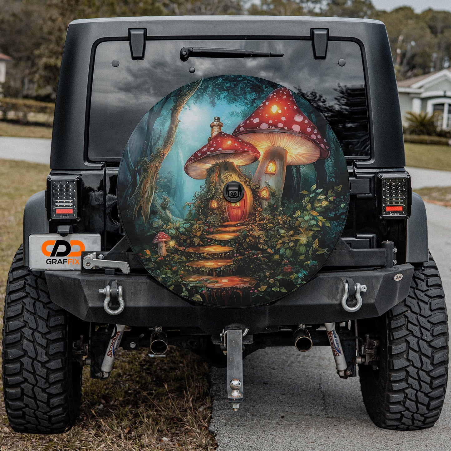 Enchanted Mushroom Cottage Spare Tire Cover With Backup Camera Hole