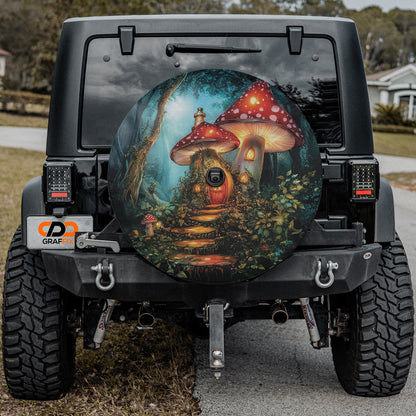 Enchanted Mushroom Cottage Spare Tire Cover With Backup Camera Hole