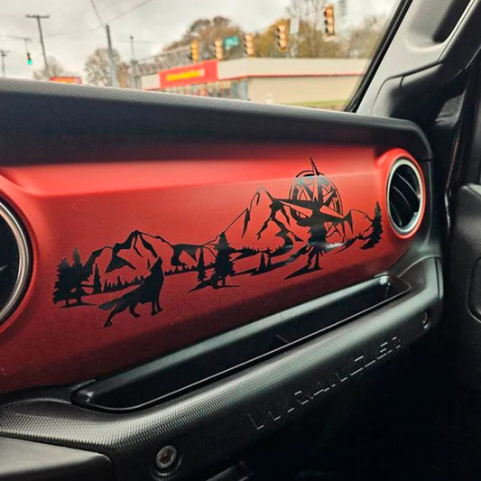 Wolf Mountain with Compass Scene Dashboard Vinyl Decal - Fits 2018+ Jeep Wrangler JL/Jeep Gladiator JT