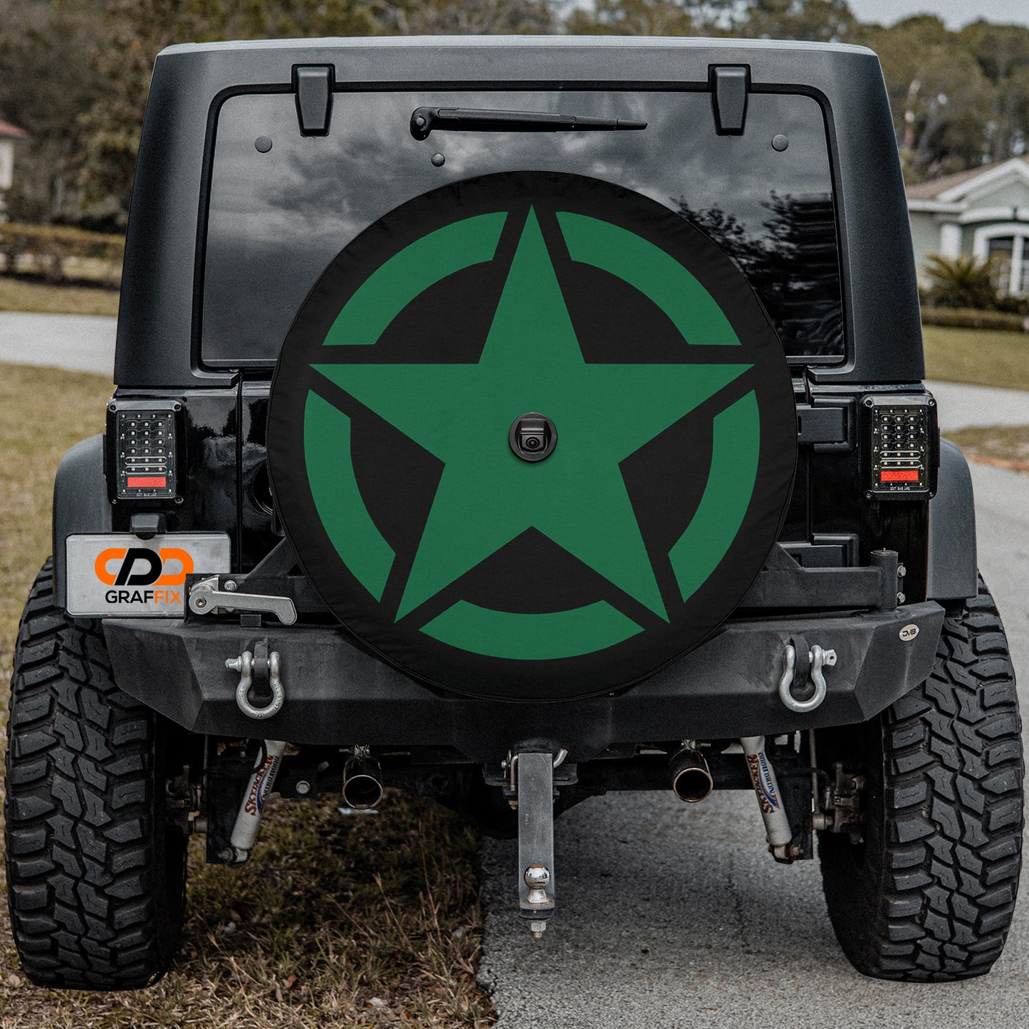 Green Military Star Spare Tire Cover With Backup Camera Hole Option