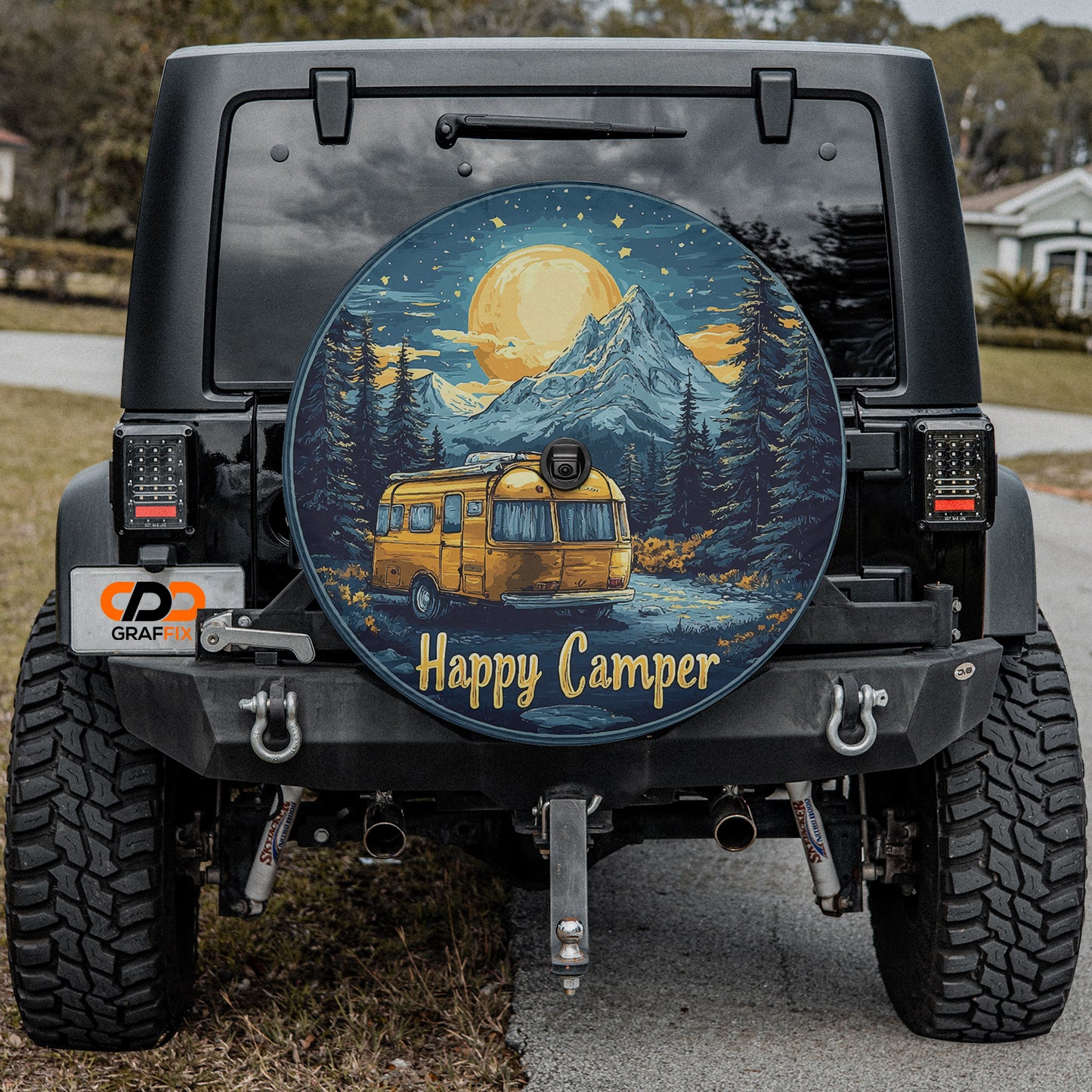 Happy Camper Spare Tire Cover With Backup Camera Hole