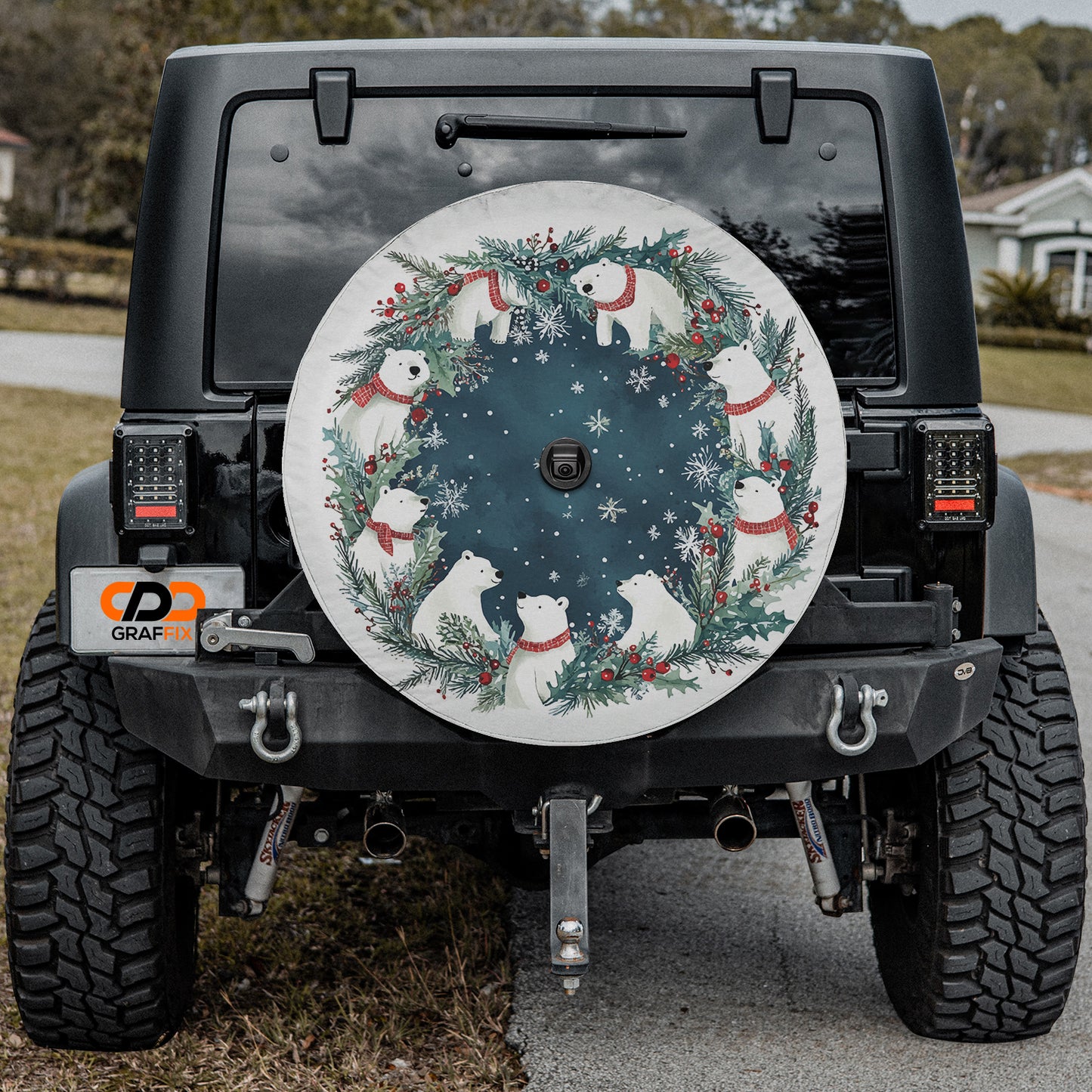 Polar Bear Christmas Wreath Spare Tire Cover With Backup Camera Hole