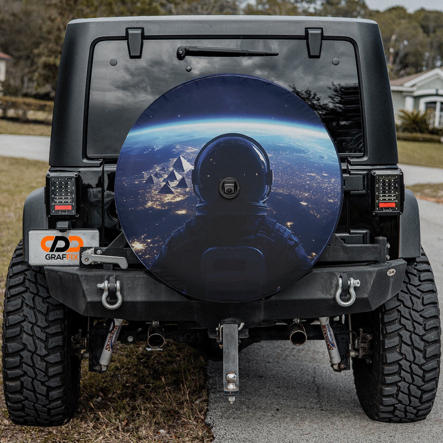 Space Station View Spare Tire Cover With Backup Camera Hole