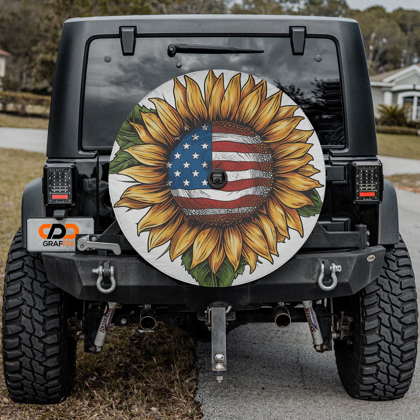 Star-Spangled Sunflower Spare Tire Cover With Backup Camera Hole