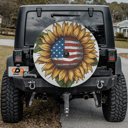 Star-Spangled Sunflower Spare Tire Cover With Backup Camera Hole