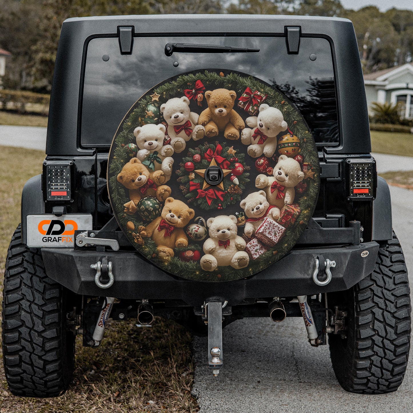 Teddy Bear Wreath Spare Tire Cover With Backup Camera Hole