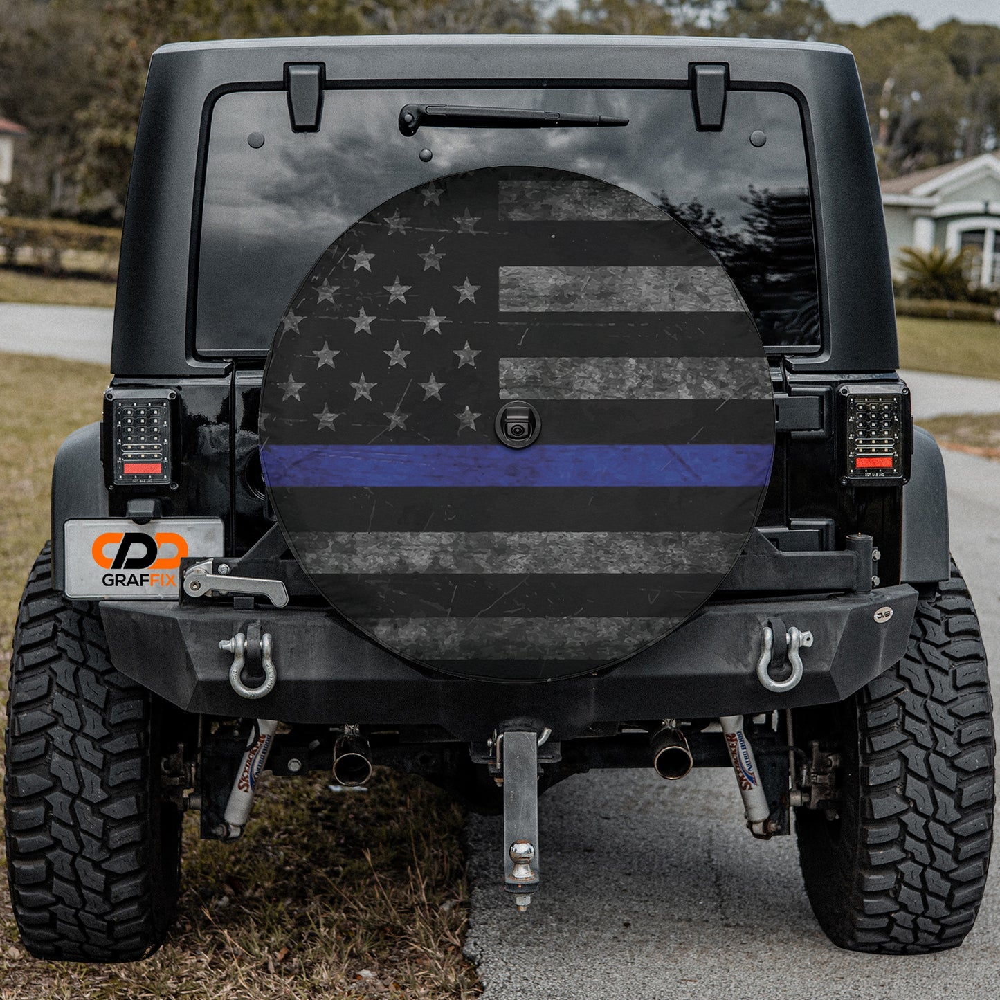 Thin Blue Line Subdued American Flag Spare Tire Cover With Backup Camera Hole