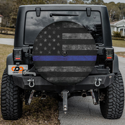 Thin Blue Line Subdued American Flag Spare Tire Cover With Backup Camera Hole