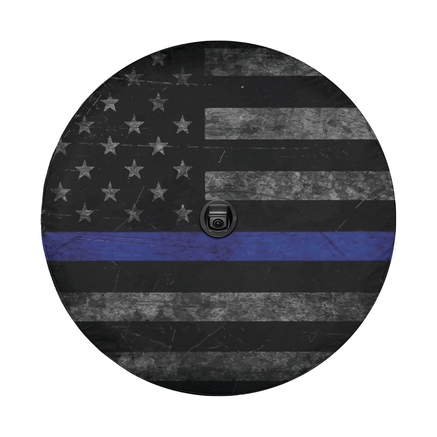 Thin Blue Line Subdued American Flag Spare Tire Cover With Backup Camera Hole