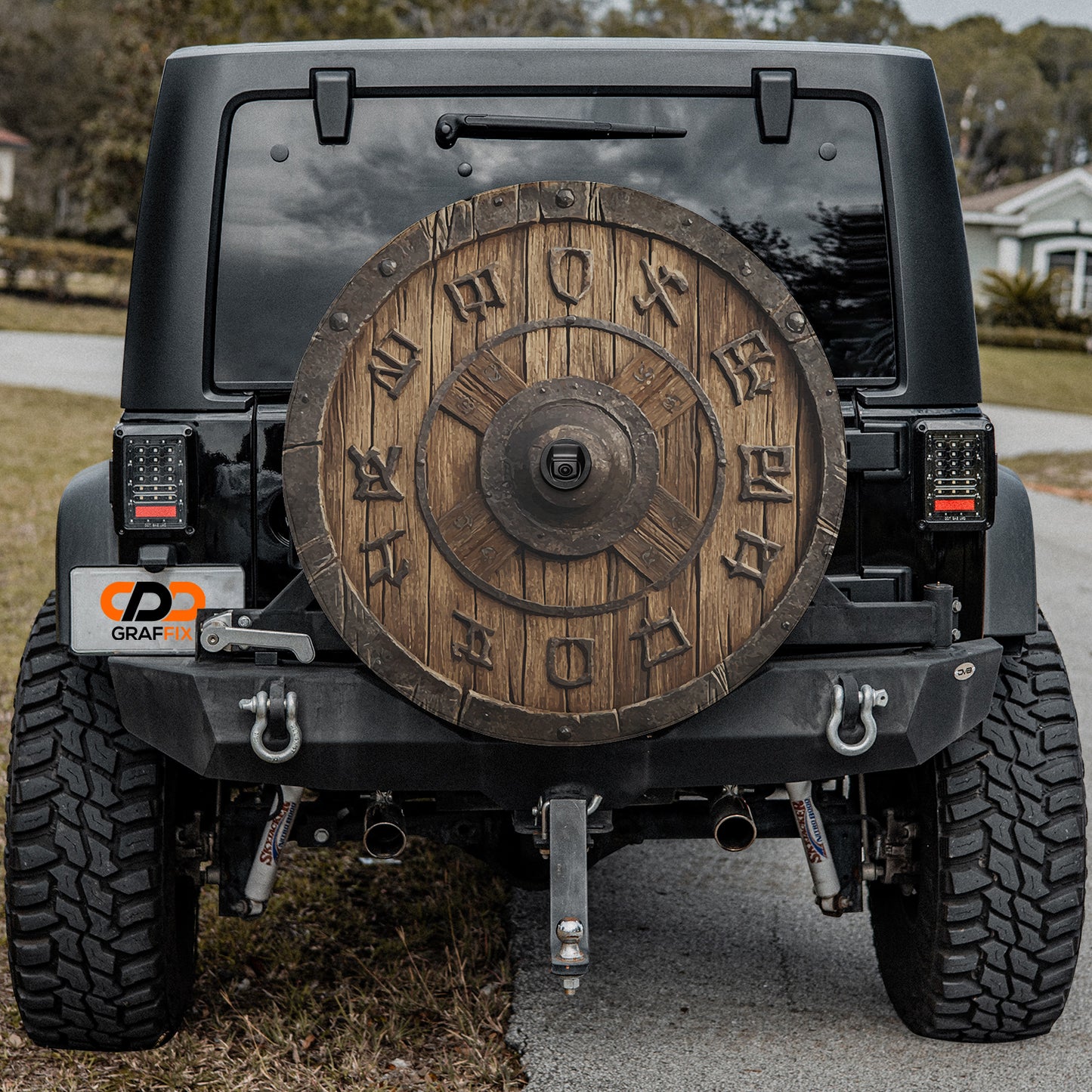 Viking Warrior's Shield Spare Tire Cover With Backup Camera Hole