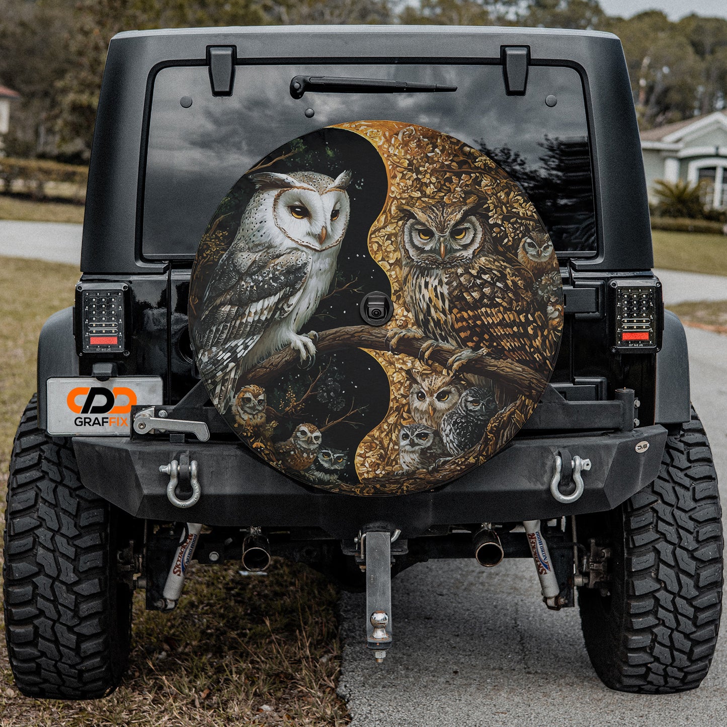 Yin-Yang Owls Spare Tire Cover With Backup Camera Hole