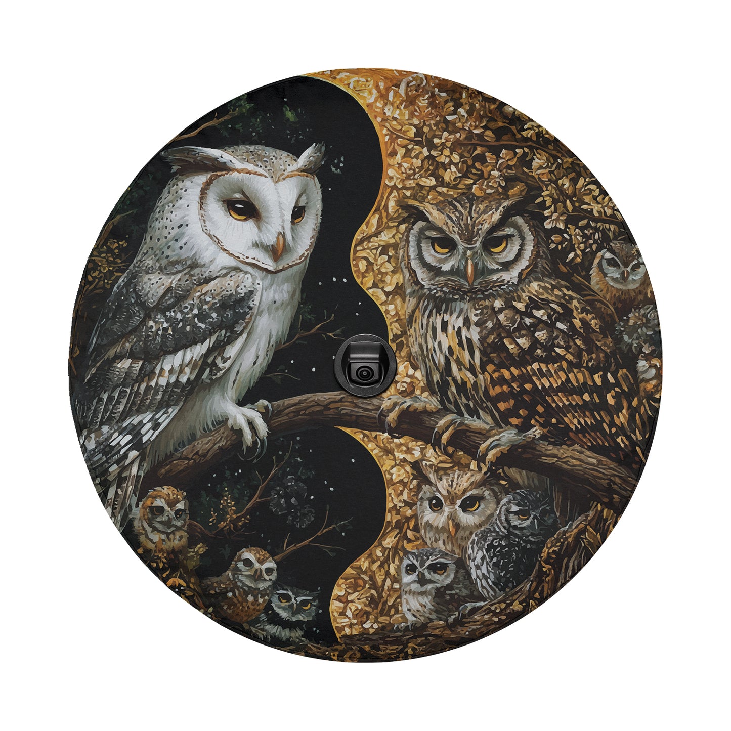 Yin-Yang Owls Spare Tire Cover With Backup Camera Hole