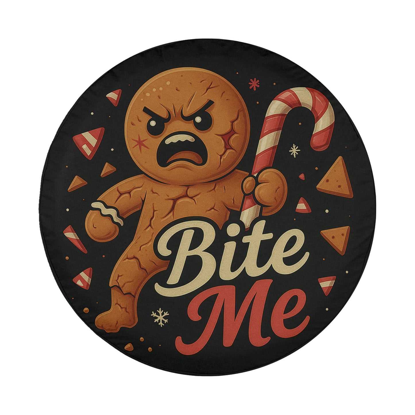 A round graphic with a cookie character holding a candy cane and the text "Bite Me" written on it.