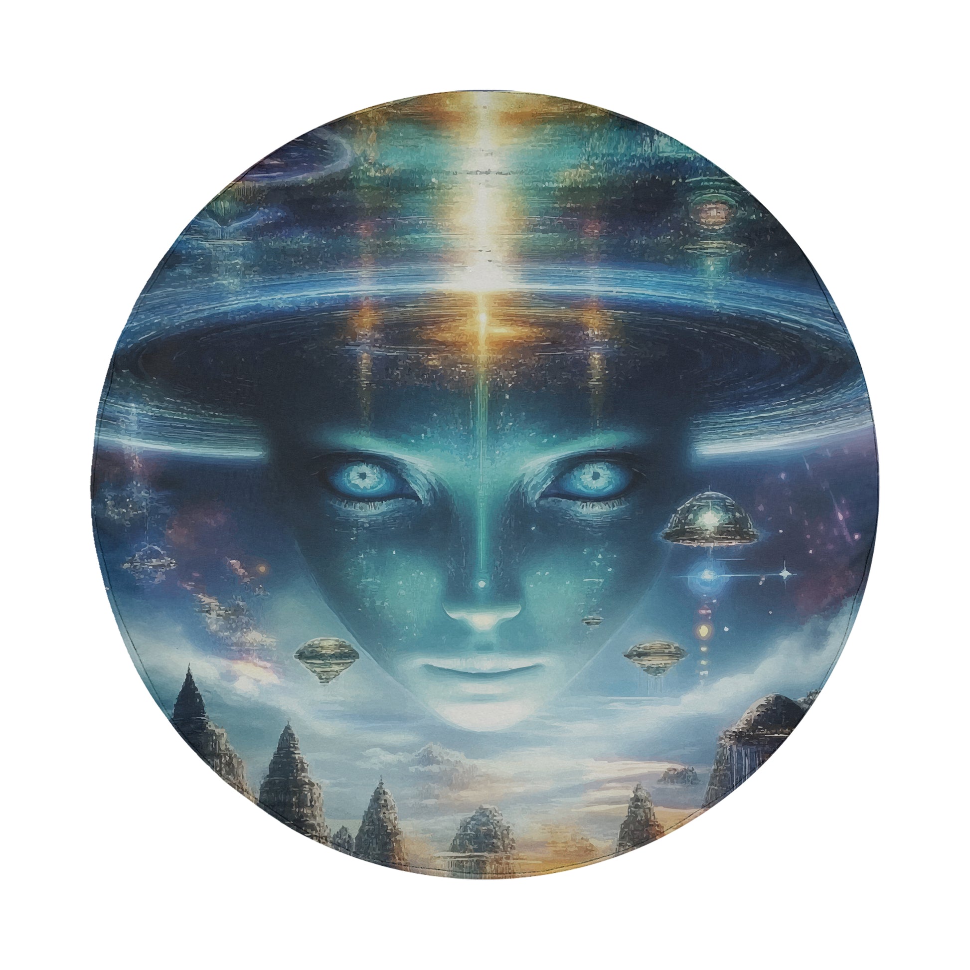 a picture of an alien face with blue eyes