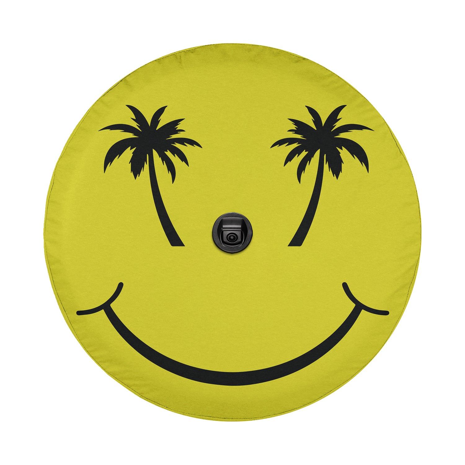 a smiley face with two palm trees on it