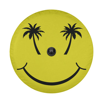 a smiley face with two palm trees on it