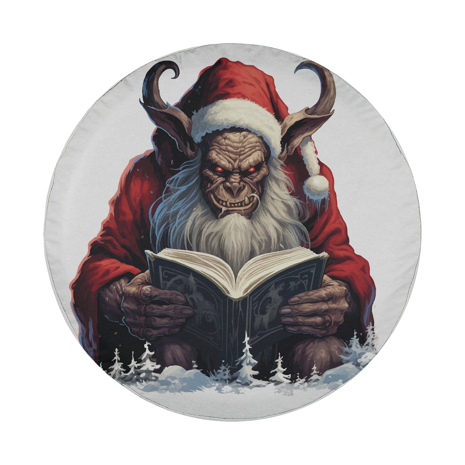 A large, menacing creature with horns and a red beard is depicted reading a book, surrounded by snowy trees and a snowy landscape.