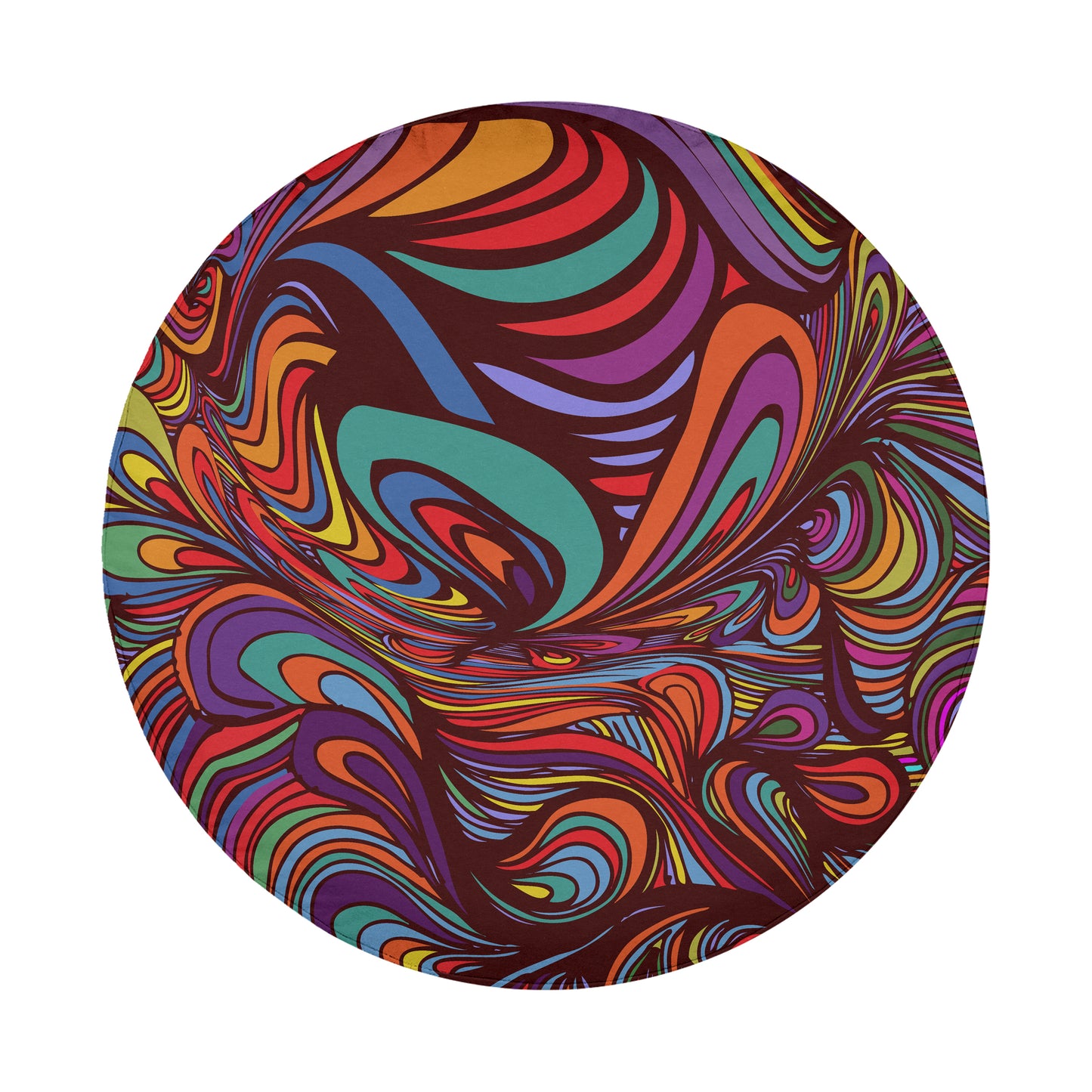 The image is a vibrant, abstract circular design with swirling, multicolored patterns that create a sense of movement and dynamism.