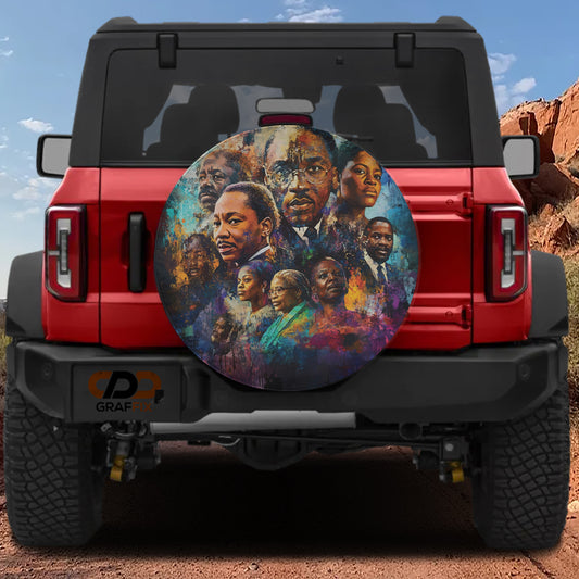 a red Jeep Wrangler with a large, colorful wheel cover depicting a group of people.