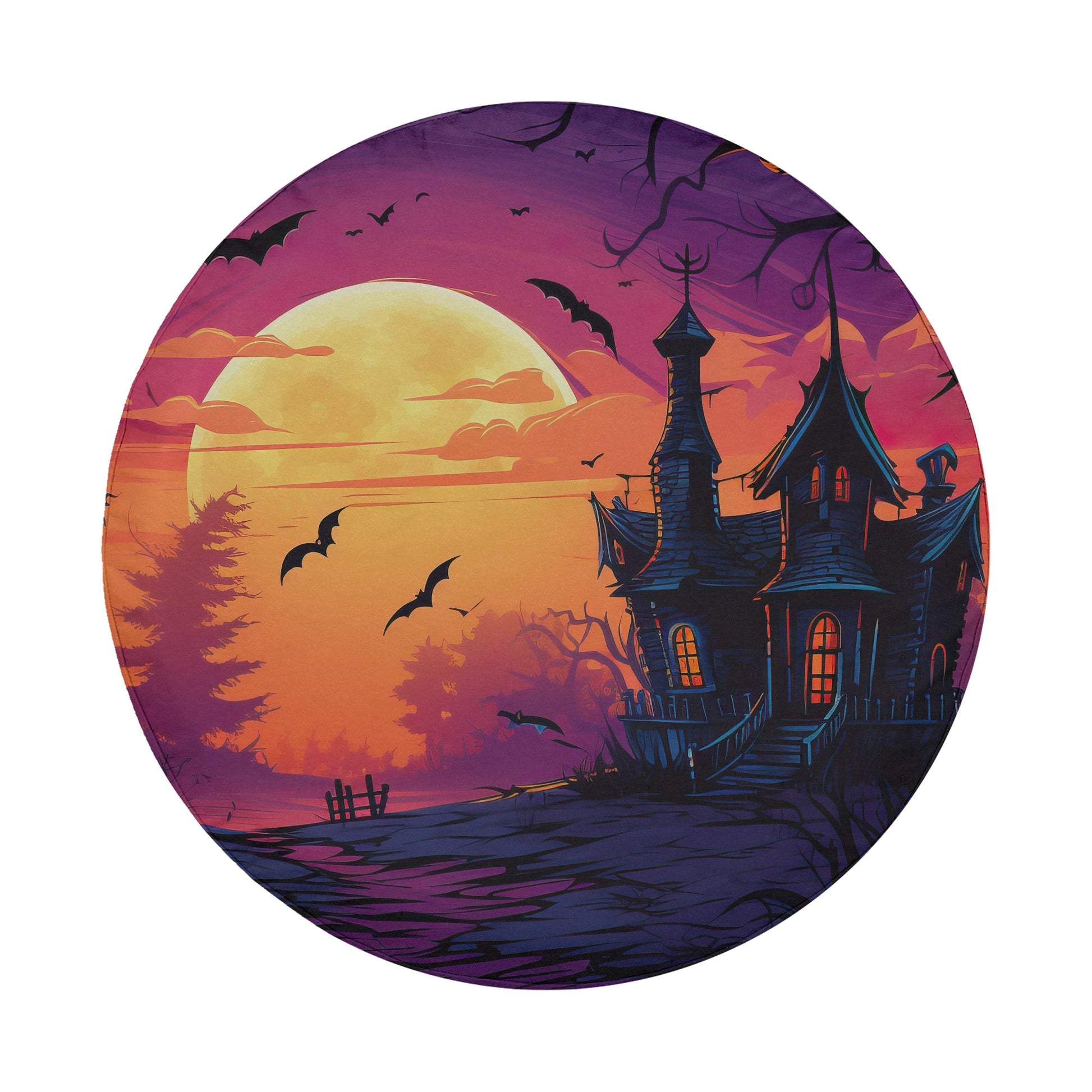 A spooky, old-fashioned house with a steep roof and a tower, surrounded by bats flying overhead against a backdrop of a large, glowing moon.