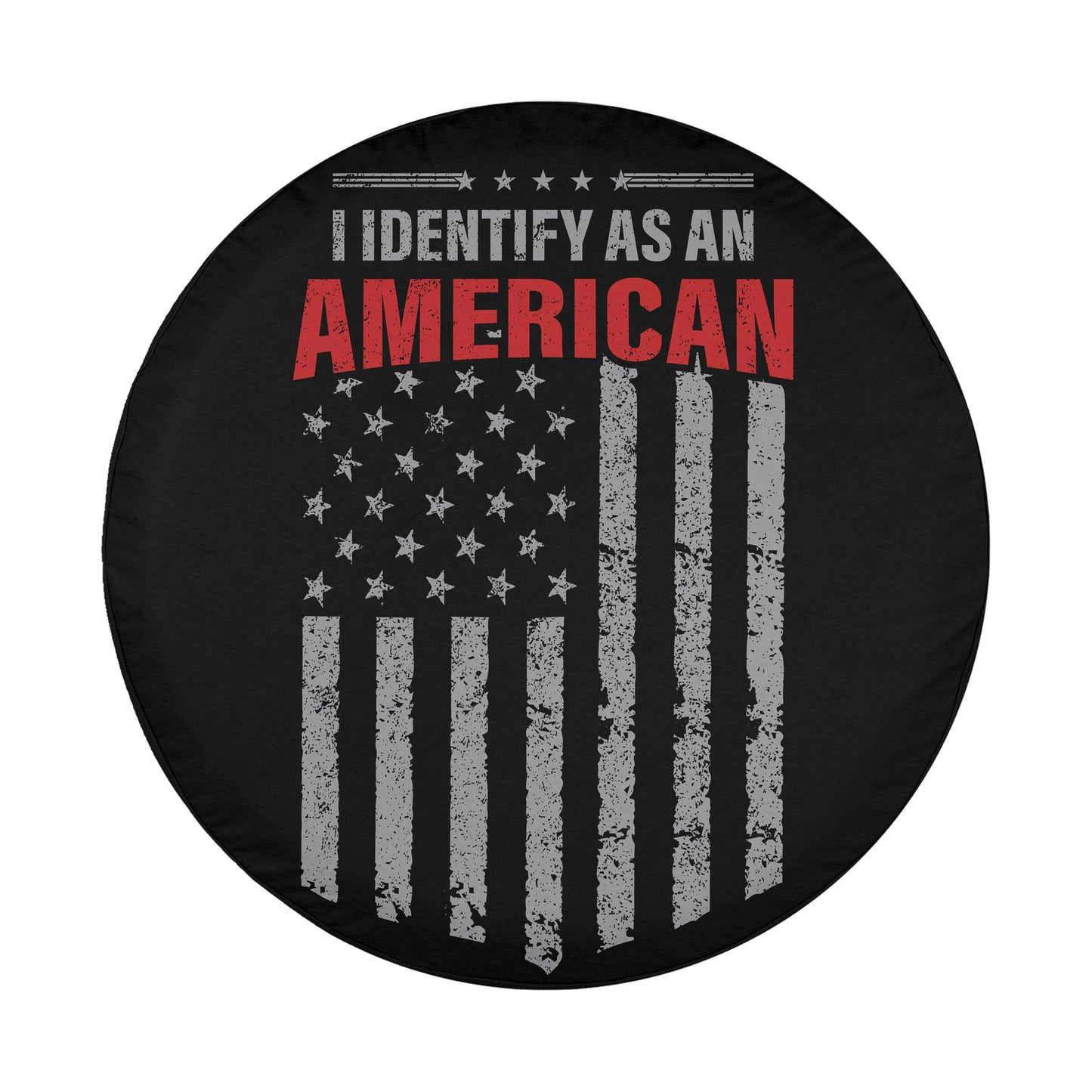 a black wheel cover with a graphic design that includes the American flag and the text "I identify as an American".