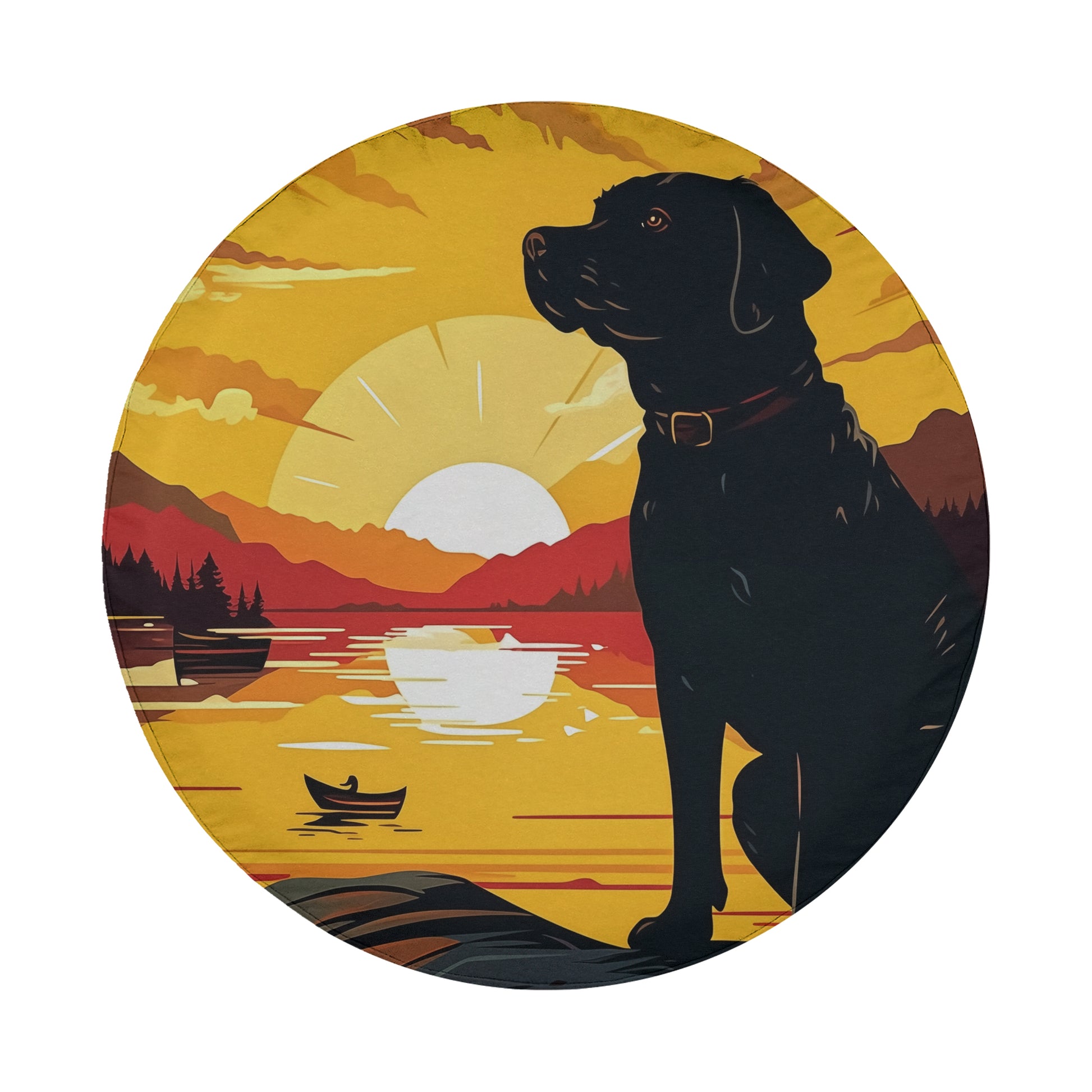 A black dog sits on a rock, gazing out at a sunset over a lake with a small boat in the water.