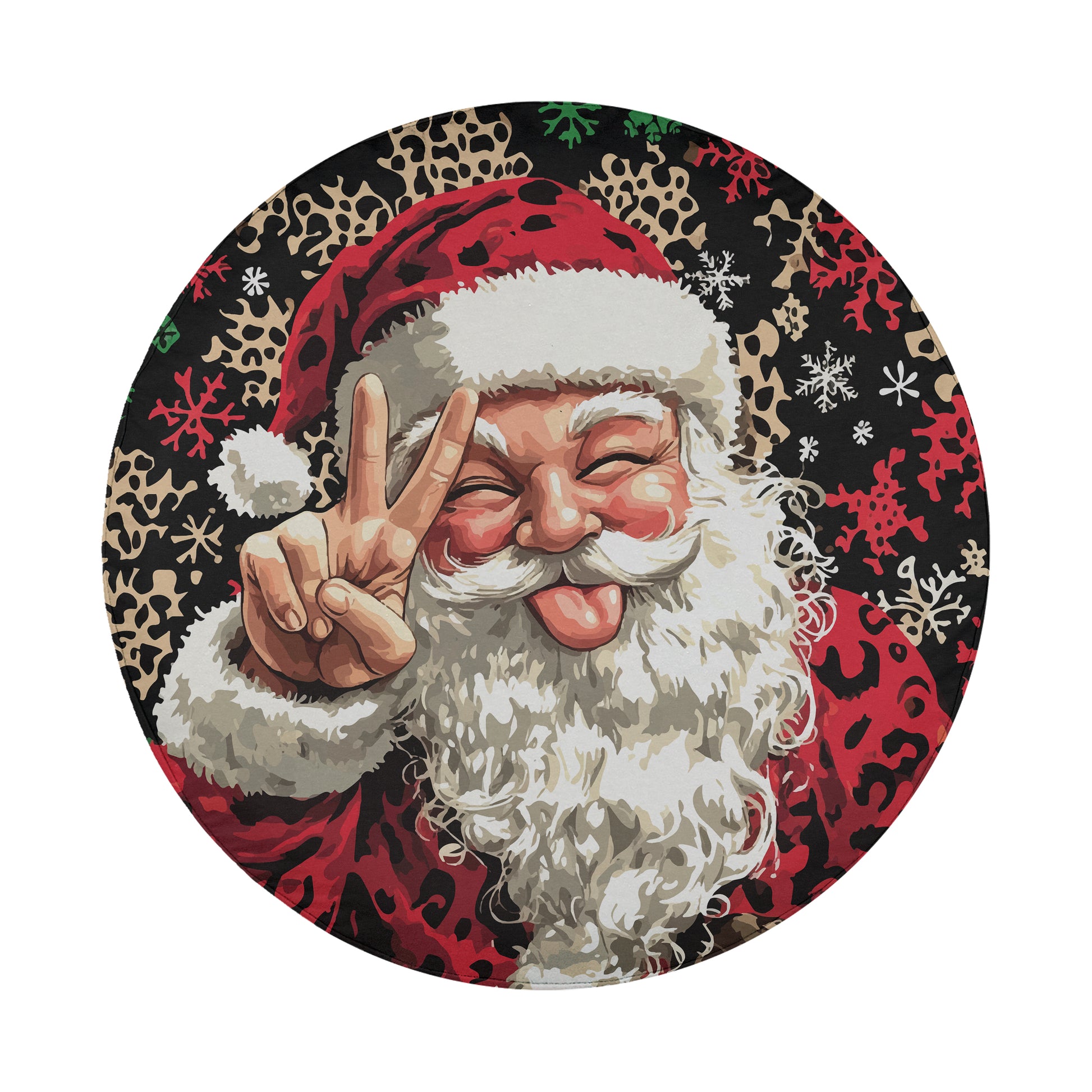 Santa Claus making a peace sign with his fingers, smiling and appearing joyful.