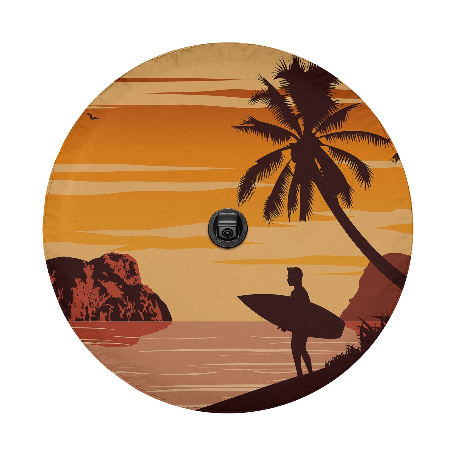 a man holding a surfboard standing in front of a palm tree