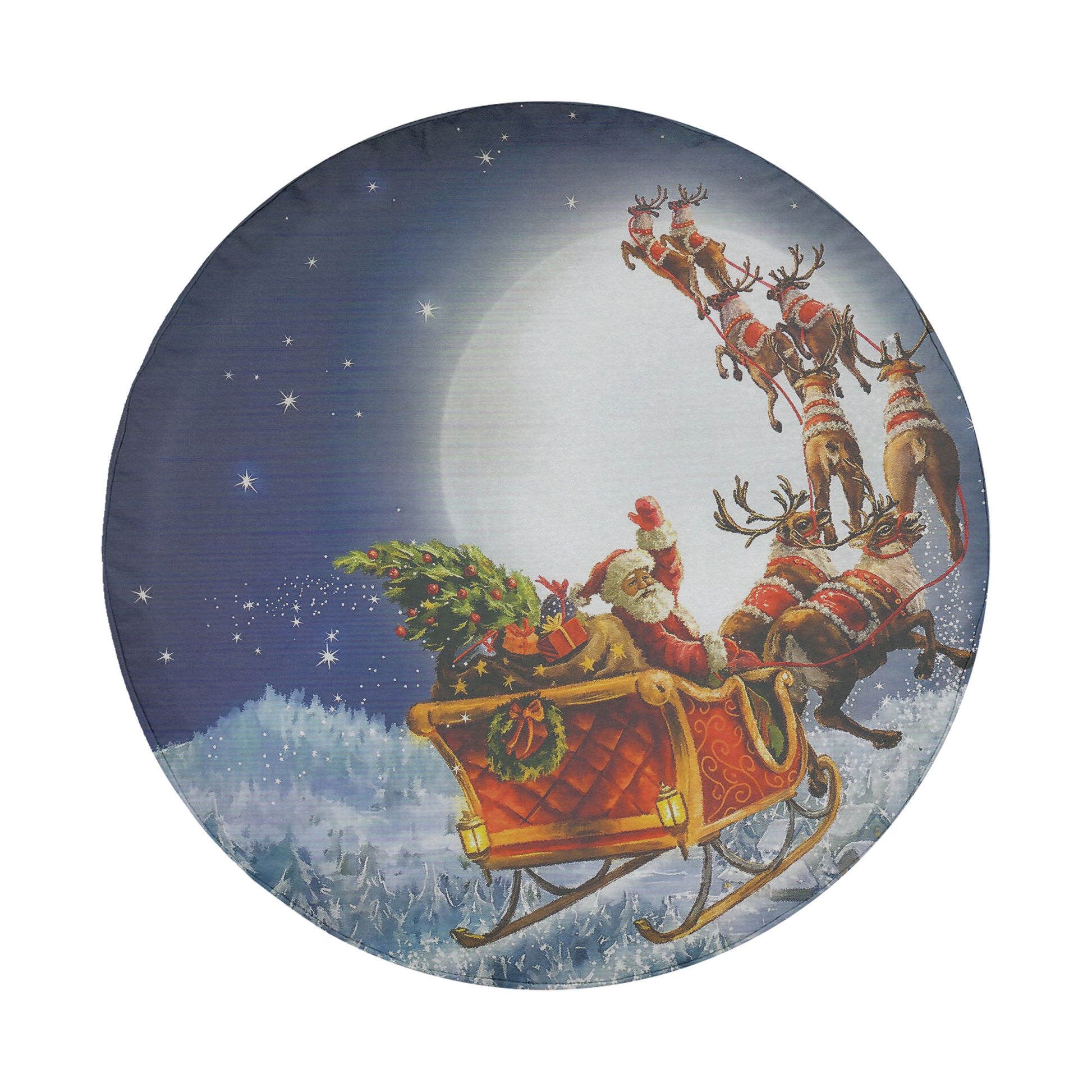 Santa Claus and his reindeer flying through the night sky, carrying a Christmas tree and gifts, creating a festive and joyful scene.