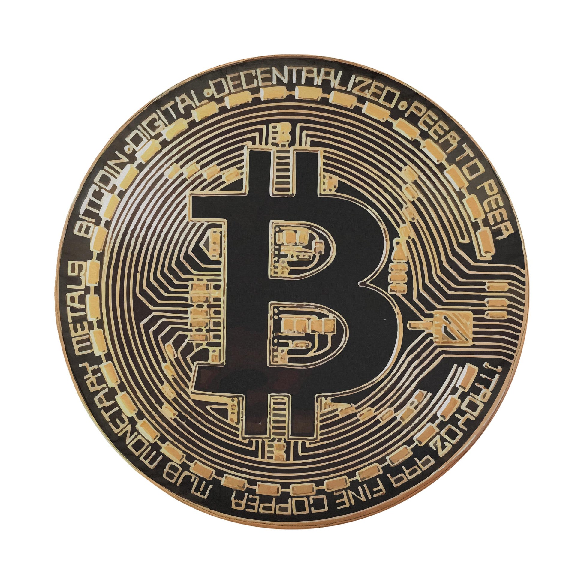 a detailed view of a Bitcoin coin, showcasing its intricate design and the Bitcoin symbol.