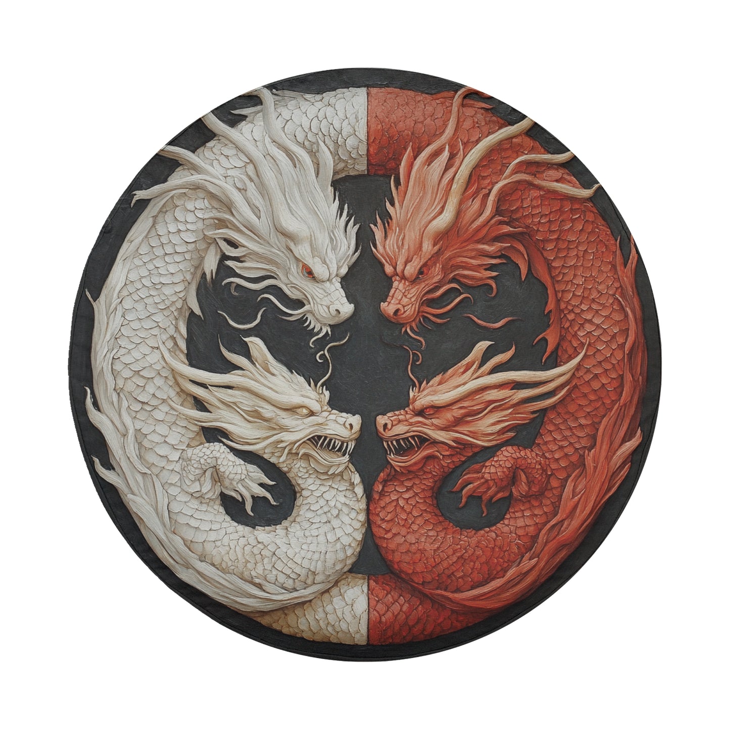 A circular design featuring two dragons, one white and one red, facing each other.