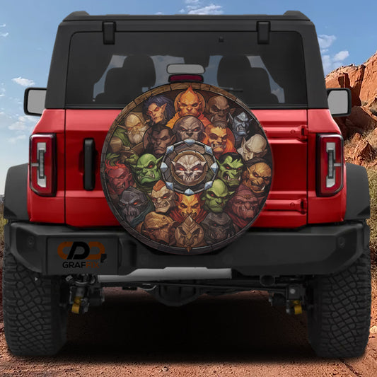 A red Jeep Wrangler with a large, colorful wheel cover featuring various cartoon-like characters.