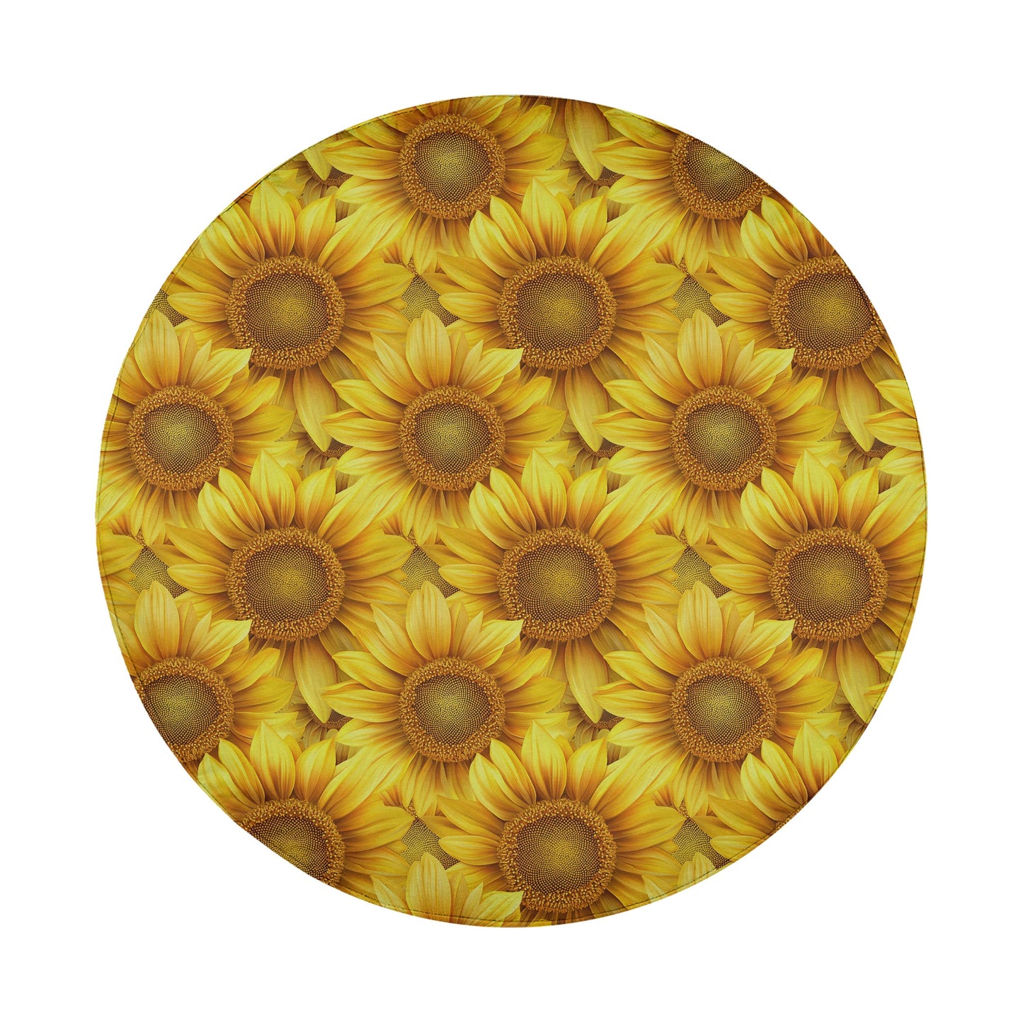 The image is a circular arrangement of numerous yellow sunflowers, creating a vibrant and visually striking pattern.