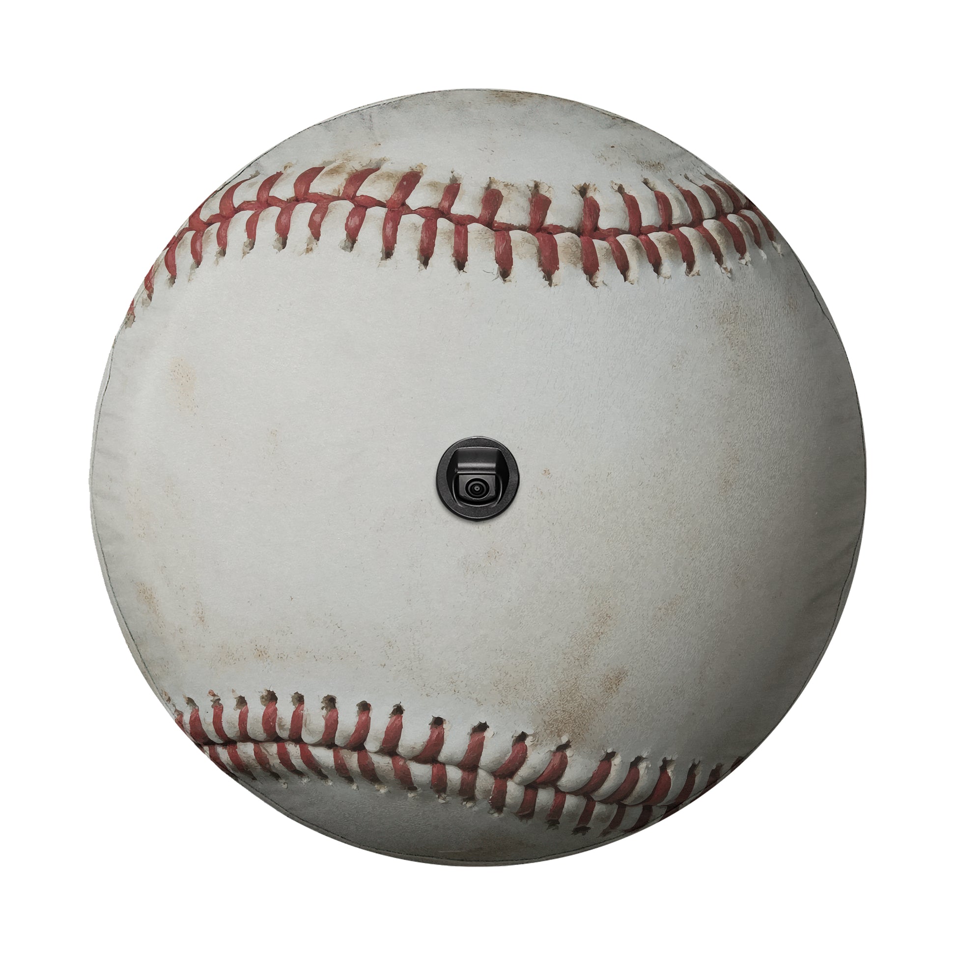 A white baseball with red stitching and a black camera attached to the center of the ball.
