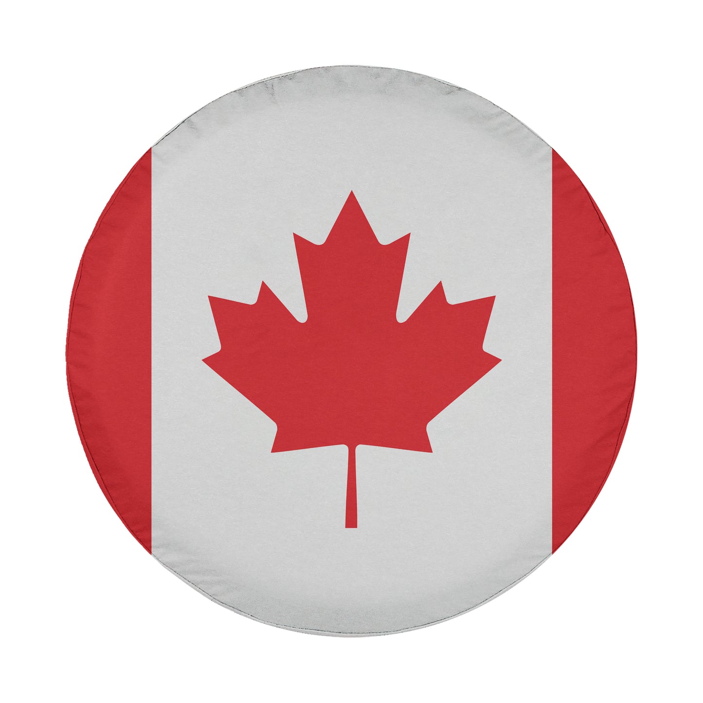 A round, white and red flag with a red maple leaf in the center.