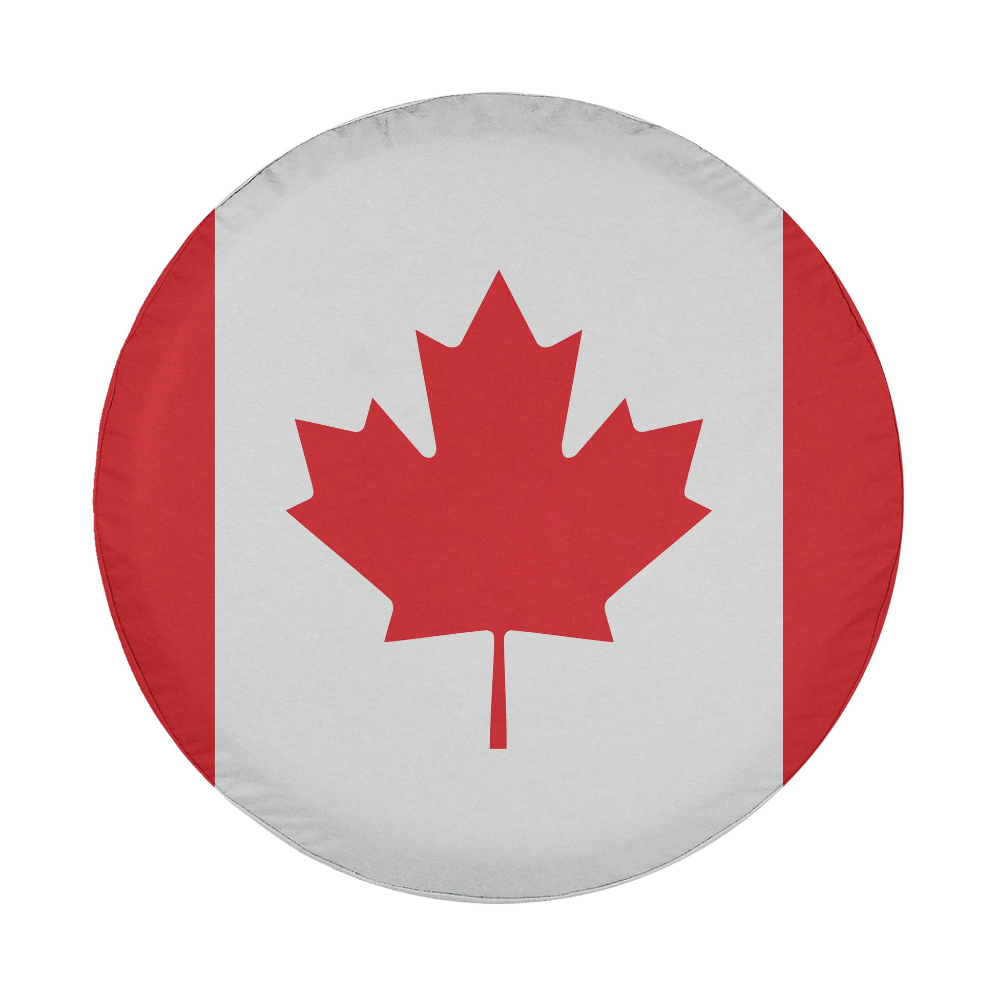 A round, white and red flag with a red maple leaf in the center.