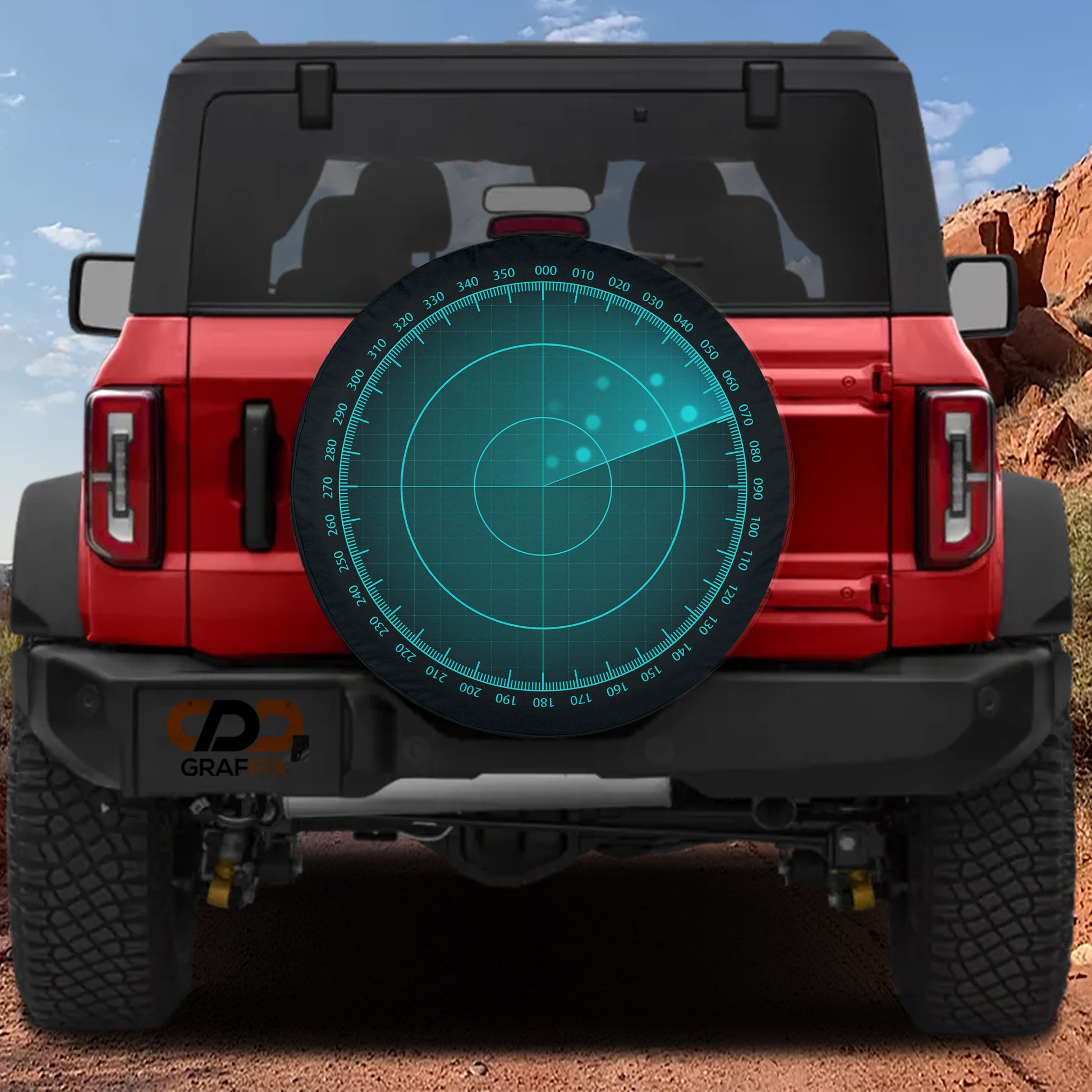 a red Jeep Wrangler with a large radar screen on the rear of the vehicle.