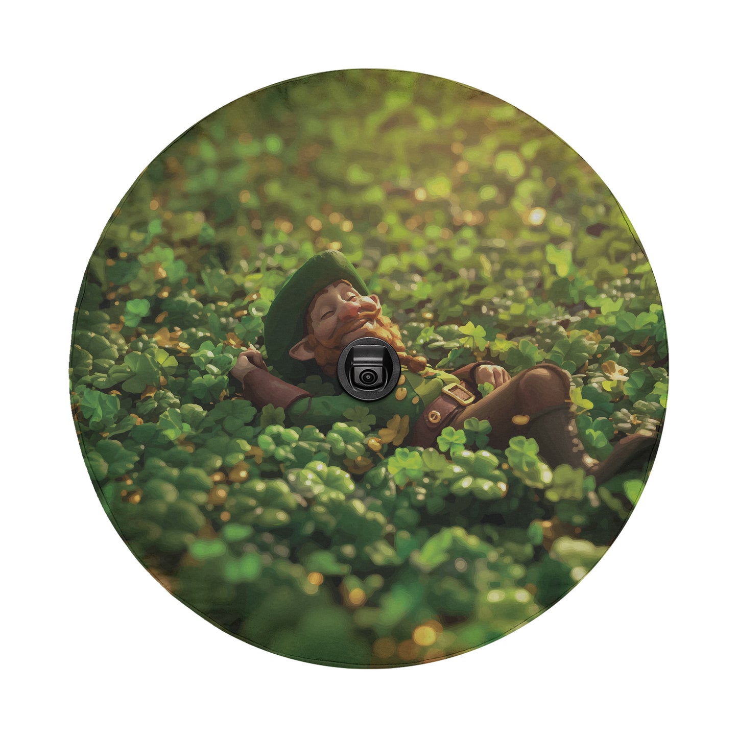 A cartoon-like character with a beard and hat is lying down in a field of green leaves, appearing to be sleeping or resting.