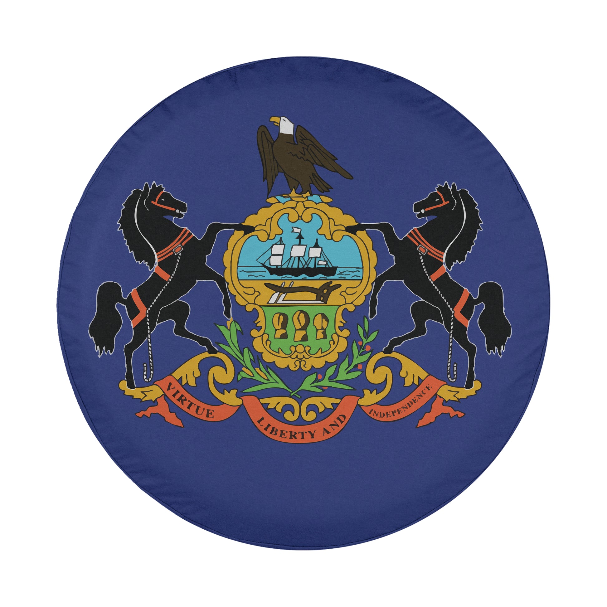 a round blue flag with a coat of arms on it. The coat of arms includes a shield, a banner, and two horses.