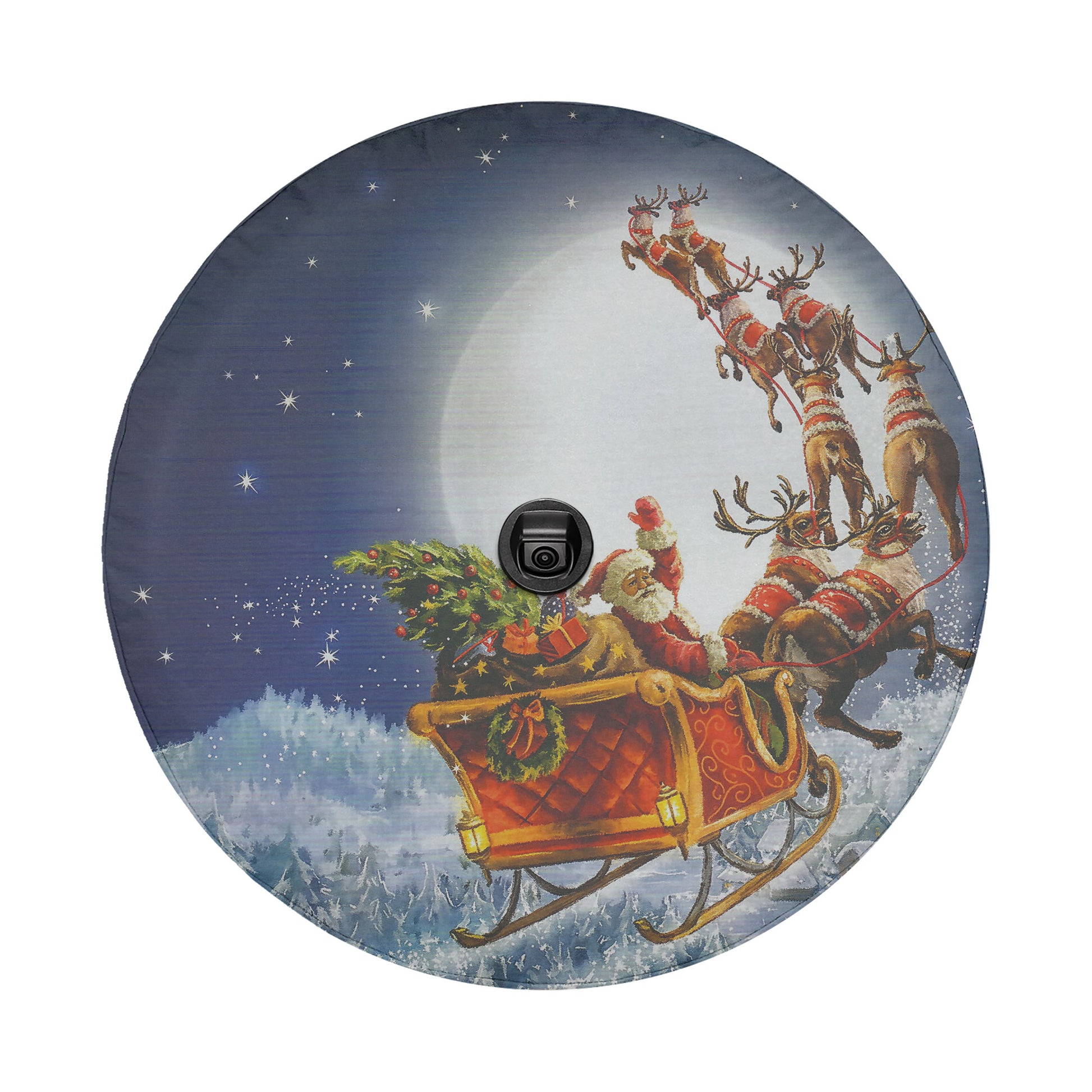 Santa Claus and his reindeer flying through the night sky, carrying a Christmas tree and presents, creating a festive and joyful scene.