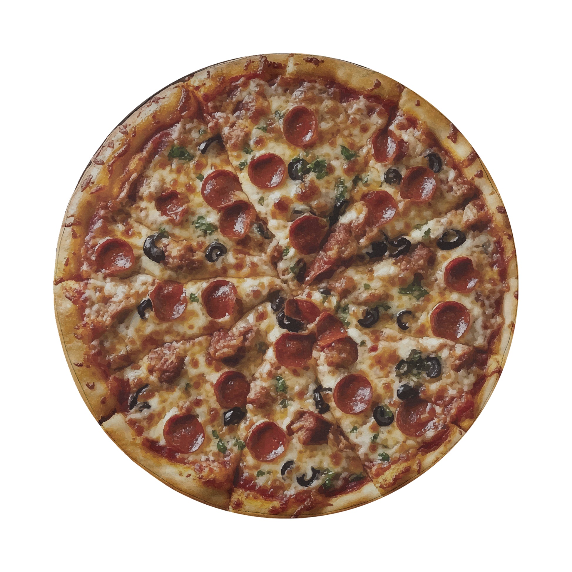 A large pepperoni and olive pizza with a golden crust and melted cheese.