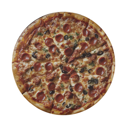 A large pepperoni and olive pizza with a golden crust and melted cheese.