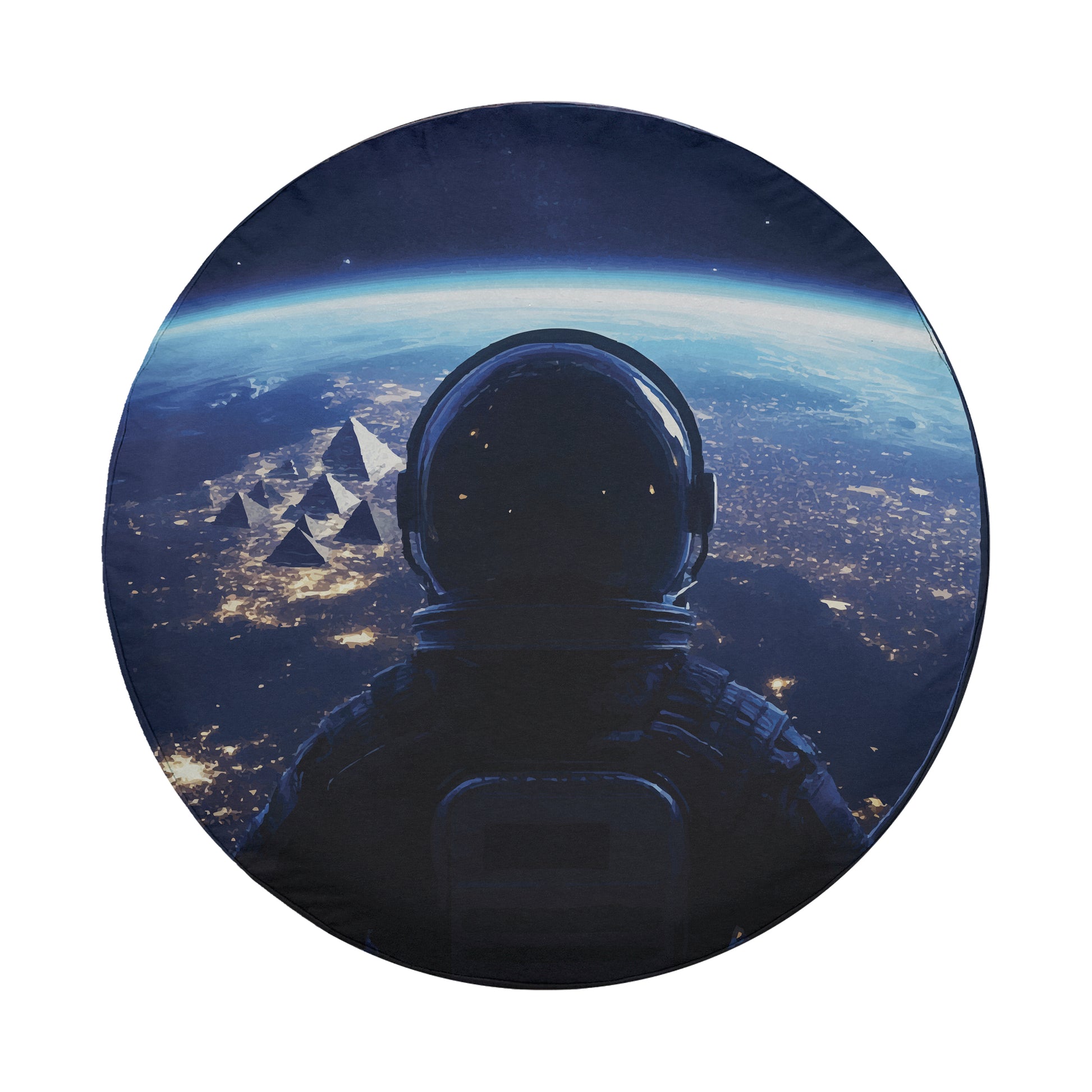 An astronaut in a spacesuit gazes out at a distant cityscape at night, with the Earth visible in the background.