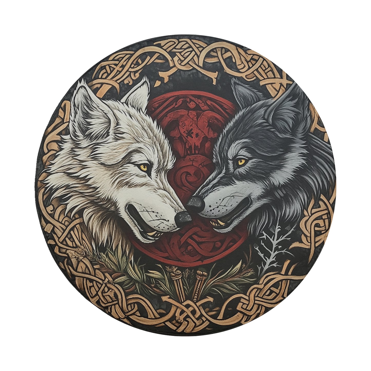 two wolves facing each other, with intricate designs surrounding them.