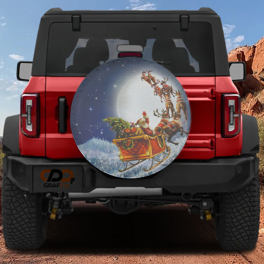 A red Jeep Wrangler with a large Christmas-themed spare tire on the rear.