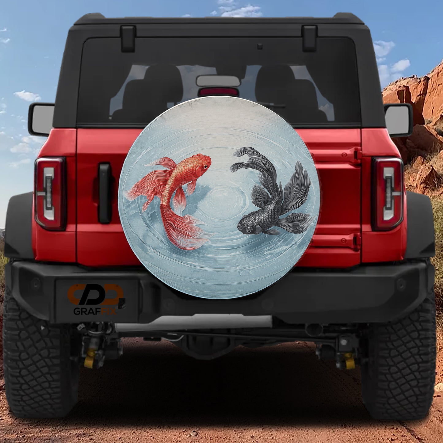 A red Jeep Wrangler with a large fish decal on the rear window.